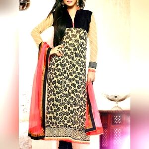 Salwar Kameez Brand Black and Cream Floral Anarkali with Pink Dupatta